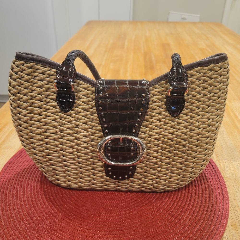👜EUC~VINTAGE BRIGHTON STRAW & LEATHER SHOULDER BAG